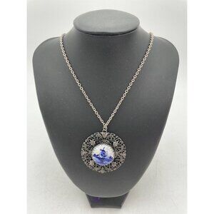 Vintage Silver Filigree Pendant Necklace Blue Delft White Windmill Porcelain Des